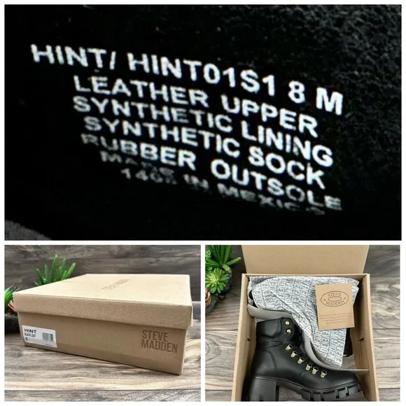 NIB Steve Madden Hint Chunky Lug Sole Black Leather Hiker Combat Boots 8M