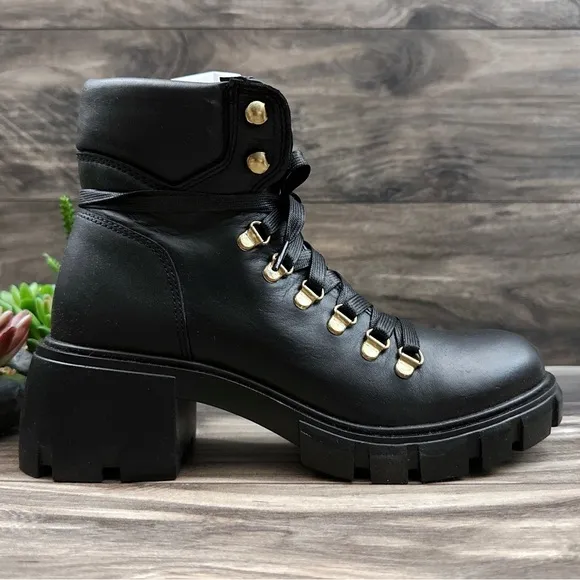 NIB Steve Madden Hint Chunky Lug Sole Black Leather Hiker Combat Boots 8M