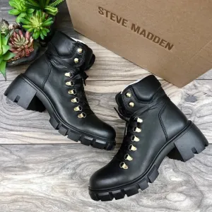 NIB Steve Madden Hint Chunky Lug Sole Black Leather Hiker Combat Boots 8M