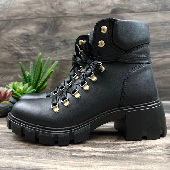 NIB Steve Madden Hint Chunky Lug Sole Black Leather Hiker Combat Boots 8M