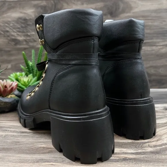 NIB Steve Madden Hint Chunky Lug Sole Black Leather Hiker Combat Boots 8M