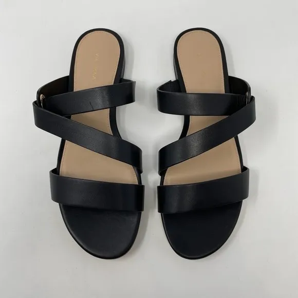 NIB Via Spiga Cadell Slip On Strappy Black Leather Sandals