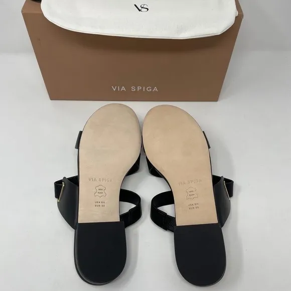 NIB Via Spiga Cadell Slip On Strappy Black Leather Sandals