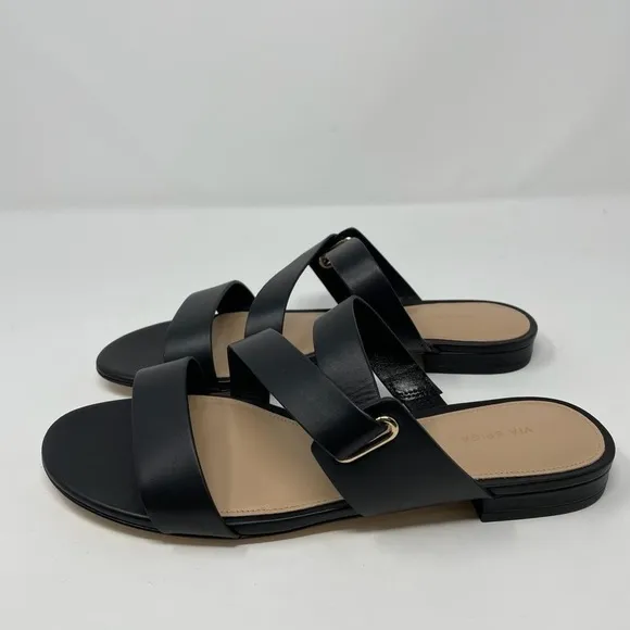 NIB Via Spiga Cadell Slip On Strappy Black Leather Sandals