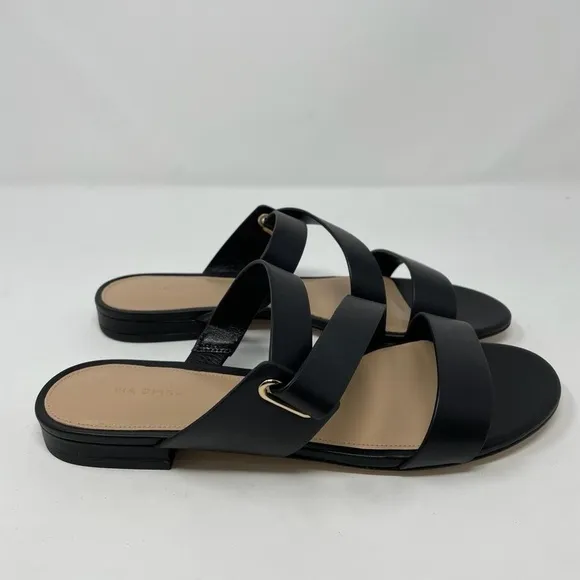 NIB Via Spiga Cadell Slip On Strappy Black Leather Sandals