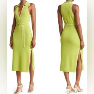 Nicholas Giuliana EUC Sweater Dress Rib Knit Midi Belted Lime Dress‎ - size XS