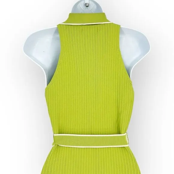 Nicholas Giuliana EUC Sweater Dress Rib Knit Midi Belted Lime Dress‎ - size XS