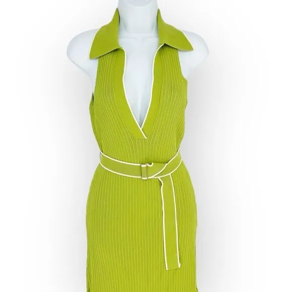 Nicholas Giuliana EUC Sweater Dress Rib Knit Midi Belted Lime Dress‎ - size XS