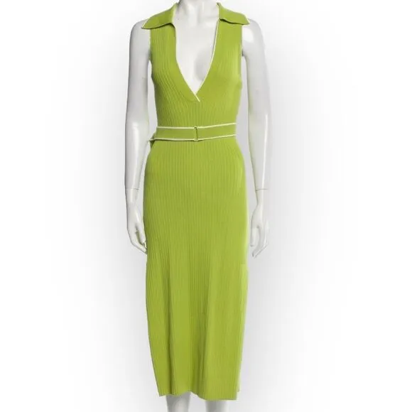Nicholas Giuliana EUC Sweater Dress Rib Knit Midi Belted Lime Dress‎ - size XS
