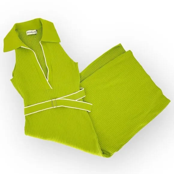 Nicholas Giuliana EUC Sweater Dress Rib Knit Midi Belted Lime Dress‎ - size XS