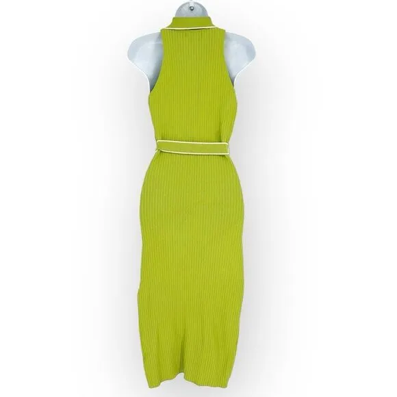 Nicholas Giuliana EUC Sweater Dress Rib Knit Midi Belted Lime Dress‎ - size XS