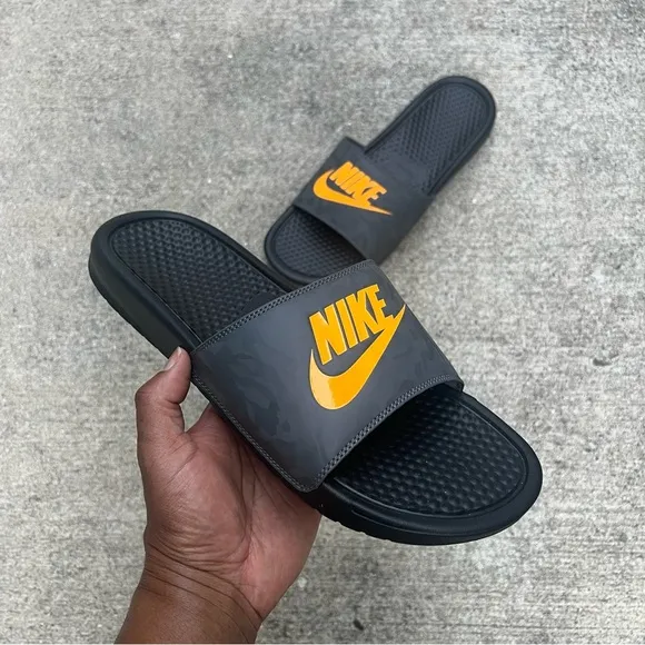 NIKE BENASSI SLIDES JDI JUST DOIT BLACK LASER GOLD ORANGE GREY CAMO SLIDE