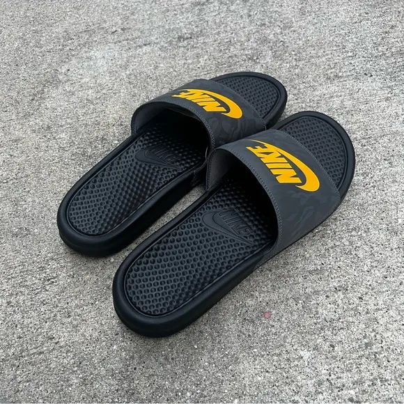 NIKE BENASSI SLIDES JDI JUST DOIT BLACK LASER GOLD ORANGE GREY CAMO SLIDE