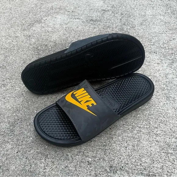 NIKE BENASSI SLIDES JDI JUST DOIT BLACK LASER GOLD ORANGE GREY CAMO SLIDE