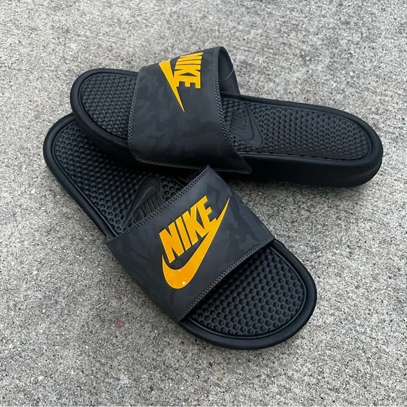 NIKE BENASSI SLIDES JDI JUST DOIT BLACK LASER GOLD ORANGE GREY CAMO SLIDE
