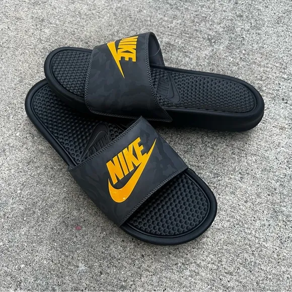 NIKE BENASSI SLIDES JDI JUST DOIT BLACK LASER GOLD ORANGE GREY CAMO SLIDE