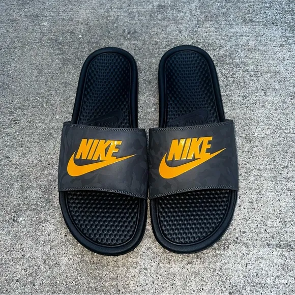 NIKE BENASSI SLIDES JDI JUST DOIT BLACK LASER GOLD ORANGE GREY CAMO SLIDE