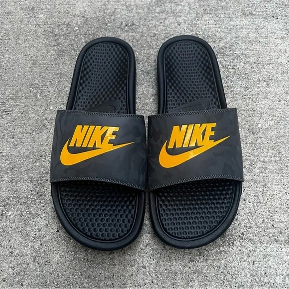 NIKE BENASSI SLIDES JDI JUST DOIT BLACK LASER GOLD ORANGE GREY CAMO SLIDE