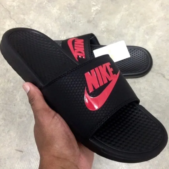 NIKE BENASSI SLIDES JUST DO IT BLACKS JDI BLACKS REDS BREDS BRED