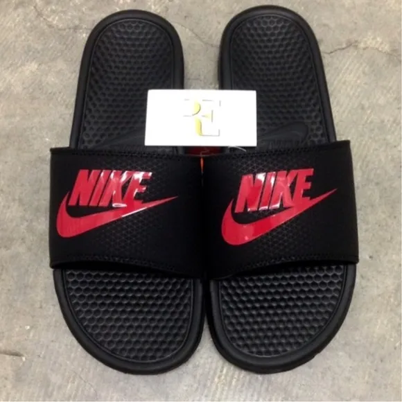 NIKE BENASSI SLIDES JUST DO IT BLACKS JDI BLACKS REDS BREDS BRED