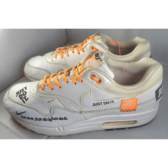 Nike Men's Air Max 1 &quot;JUST DO IT&quot;  White/Orange/Black Sneakers Size 11.5