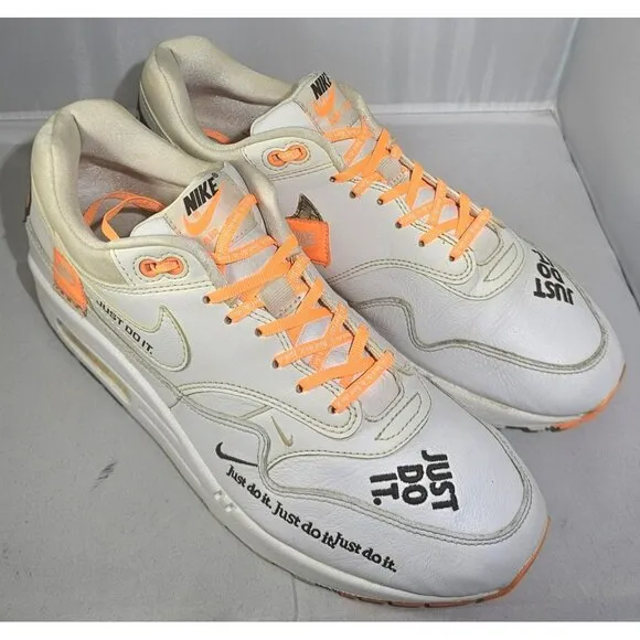 Nike Men's Air Max 1 &quot;JUST DO IT&quot;  White/Orange/Black Sneakers Size 11.5