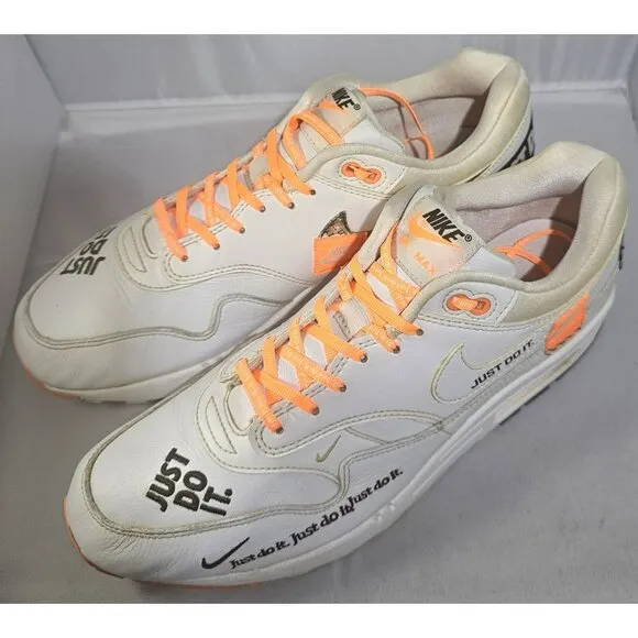 Nike Men's Air Max 1 &quot;JUST DO IT&quot;  White/Orange/Black Sneakers Size 11.5