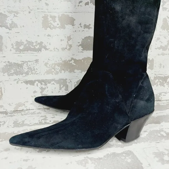 Nine West Worldclass Black Suede Pointed Toe Block Heel Knee High Boots E 684