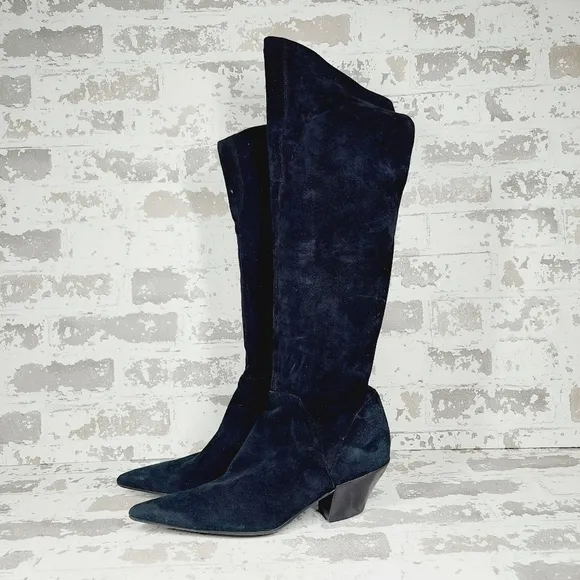 Nine West Worldclass Black Suede Pointed Toe Block Heel Knee High Boots E 684