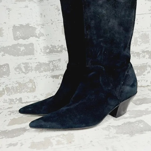 Nine West Worldclass Black Suede Pointed Toe Block Heel Knee High Boots E 684