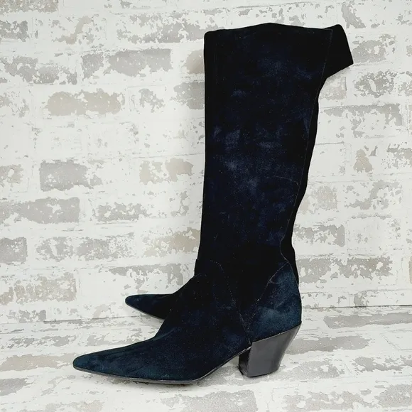 Nine West Worldclass Black Suede Pointed Toe Block Heel Knee High Boots E 684