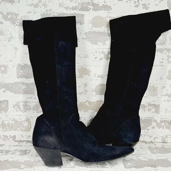 Nine West Worldclass Black Suede Pointed Toe Block Heel Knee High Boots E 684