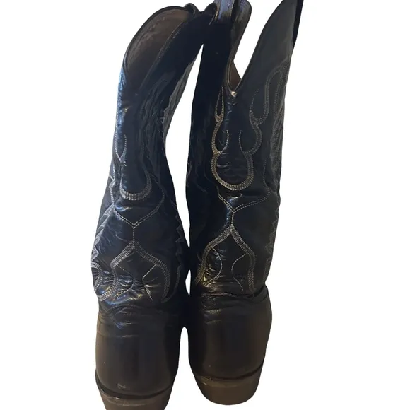 Nocona Black Leather Almond Toe Western Cowboy Boots