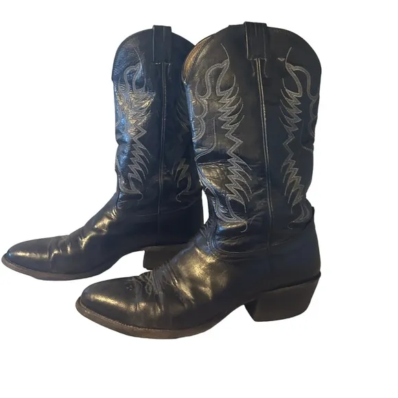 Nocona Black Leather Almond Toe Western Cowboy Boots
