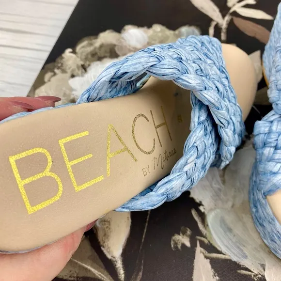 NWOB Beach by Matisse Reflection Raffia Sandals in Blue Size 6.