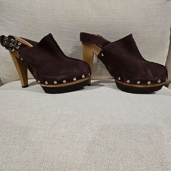 NWOB Kors Womens Studded Slingback Clogs In Chocolate Brown Suede SZ 8M Sandals