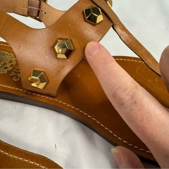 NWOB Vince Camuto sz 8.5 Brown Leather Dailette Thong Sandal Studded Ankle Strap