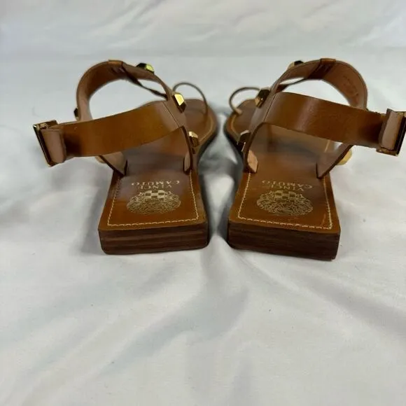 NWOB Vince Camuto sz 8.5 Brown Leather Dailette Thong Sandal Studded Ankle Strap