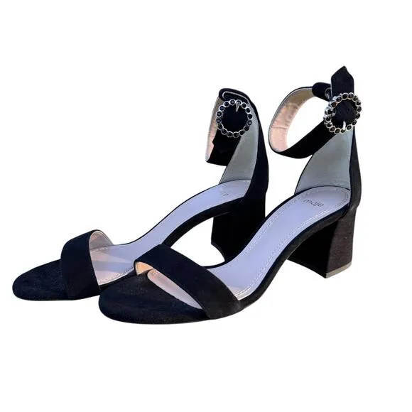 NWOB Women's Black Maje Faria Suede Block Heel Sandal Sz 38