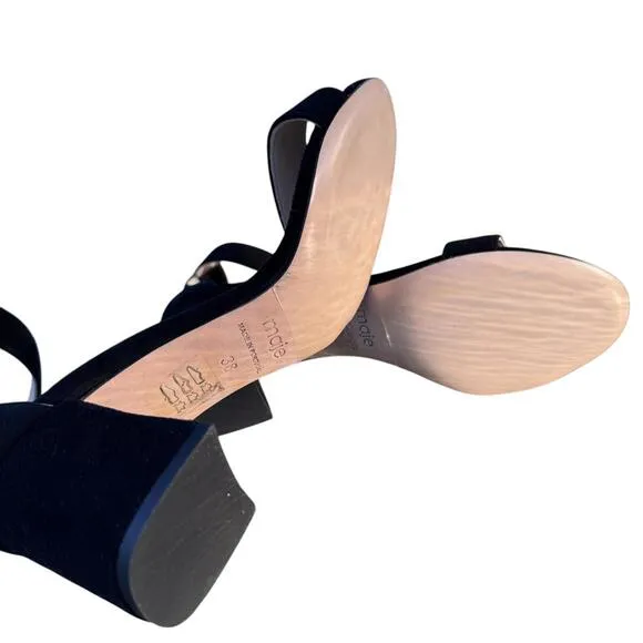 NWOB Women's Black Maje Faria Suede Block Heel Sandal Sz 38