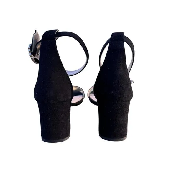 NWOB Women's Black Maje Faria Suede Block Heel Sandal Sz 38