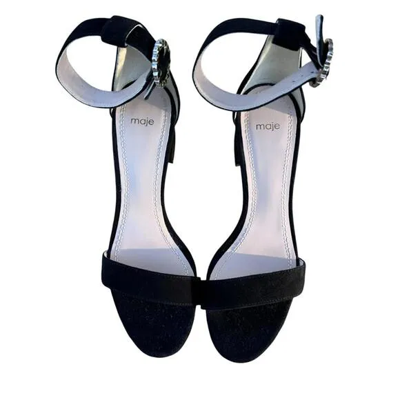 NWOB Women's Black Maje Faria Suede Block Heel Sandal Sz 38