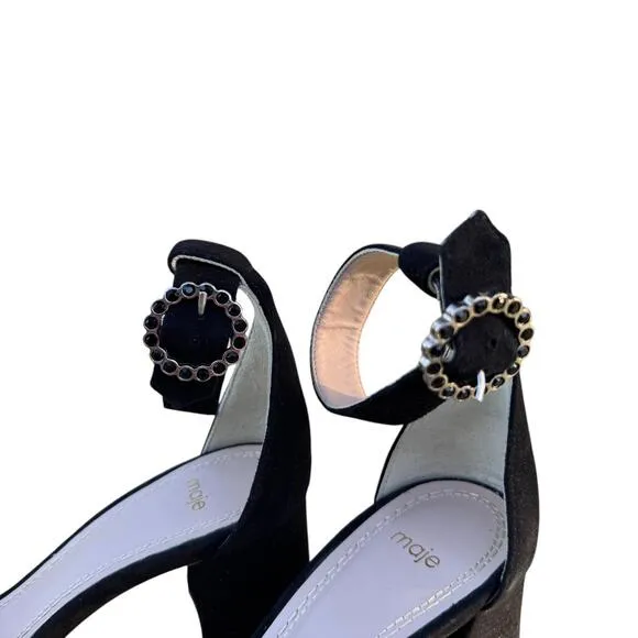 NWOB Women's Black Maje Faria Suede Block Heel Sandal Sz 38