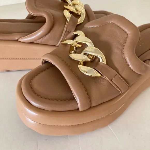 NWOT Alba Moda Anthropologie Brown Leather Hardware Chain Slide Sandals Sz 36