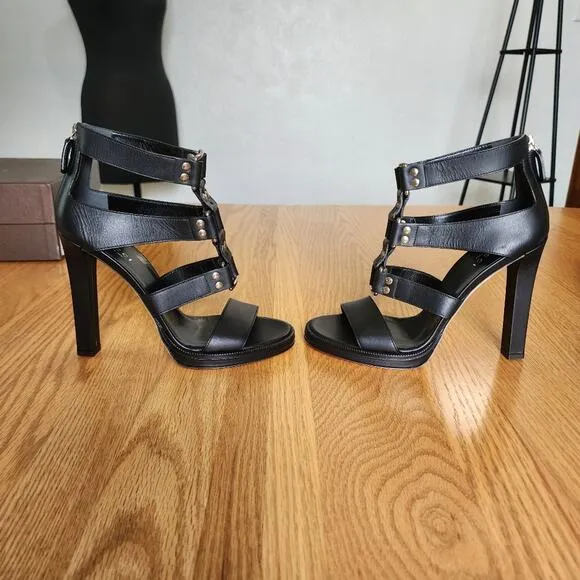 NWOT Authentic Gucci Leather Gladiator Heels Black with Buckles Size 37.5 EU