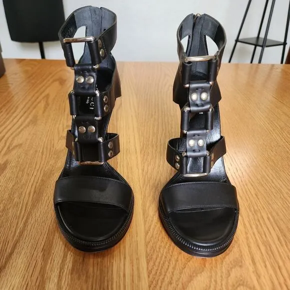 NWOT Authentic Gucci Leather Gladiator Heels Black with Buckles Size 37.5 EU