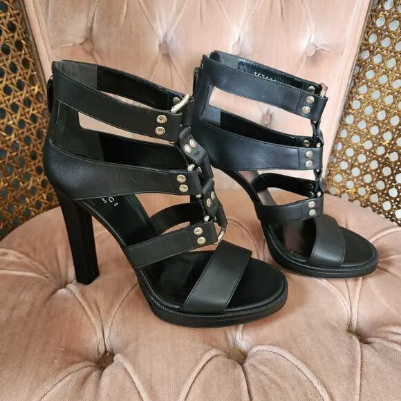 NWOT Authentic Gucci Leather Gladiator Heels Black with Buckles Size 37.5 EU