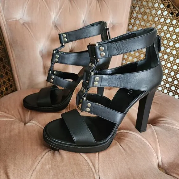 NWOT Authentic Gucci Leather Gladiator Heels Black with Buckles Size 37.5 EU