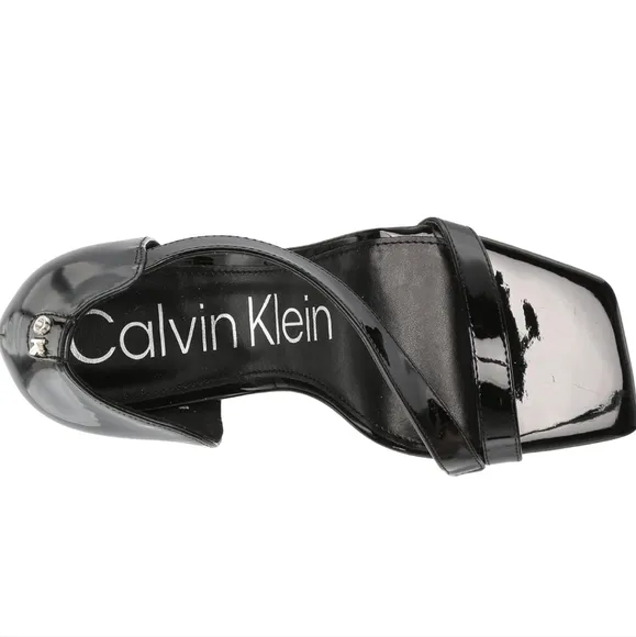NWOT Calvin Klein Tracy Patent Leather 4&quot; Heeled Sandals in Black Sz. 9.5
