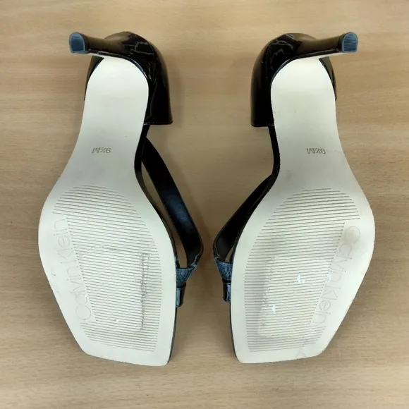 NWOT Calvin Klein Tracy Patent Leather 4&quot; Heeled Sandals in Black Sz. 9.5
